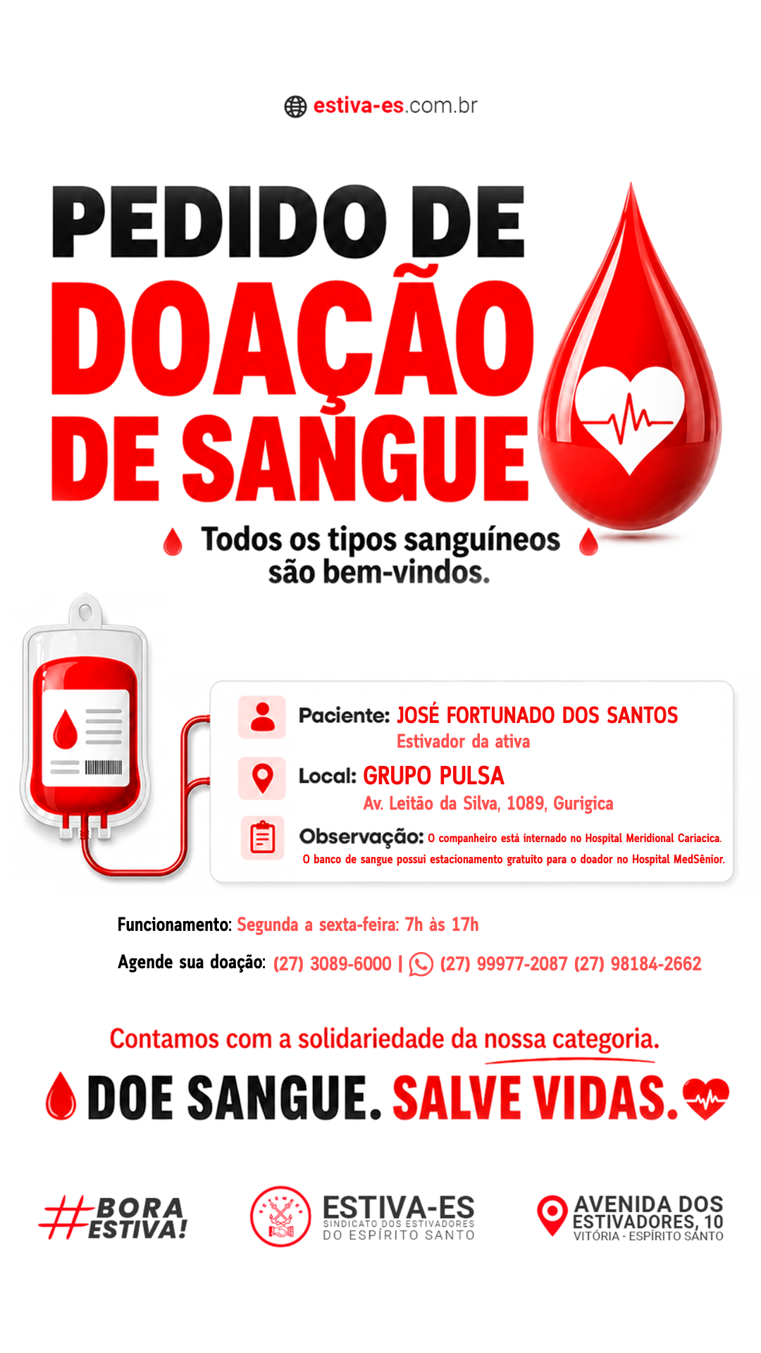 Companheiro precisa de doação de sangue - JOSÉ FORTUNADO DOS SANTOS  